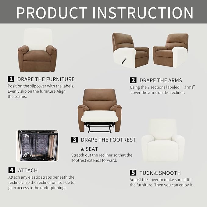 Easy-Going Recliner Stretch Sofa Slipcover Sofa Cover 4-Pieces Furniture Protector Couch Soft with Elastic Bottom, Spandex Jacquard Fabric Small Checks(Recliner,Cream)