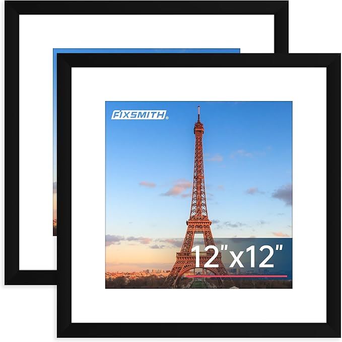 FIXSMITH 12x12 Picture Frame Set of 2, Photo Frame with HD Plexiglass, Display Pictures 8x8 with Mat or 12x12 Without Mat, Black Picture Frames Collage Wall Decor, Gallary Wall Frame