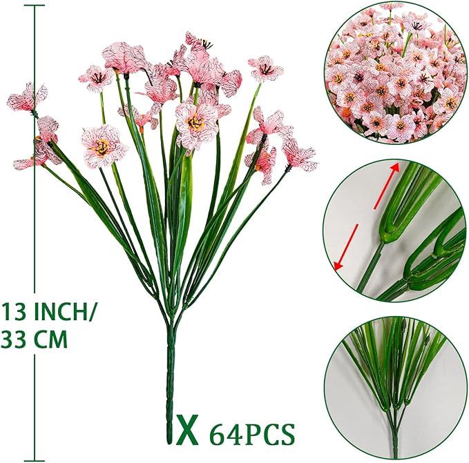 Krissing 48 Bundles Outdoor Artificial Flowers UV Resistant Fake Silk Flowers Faux Plastic Plants Outside Garden Porch Window Box Summer Decoration (Pink)