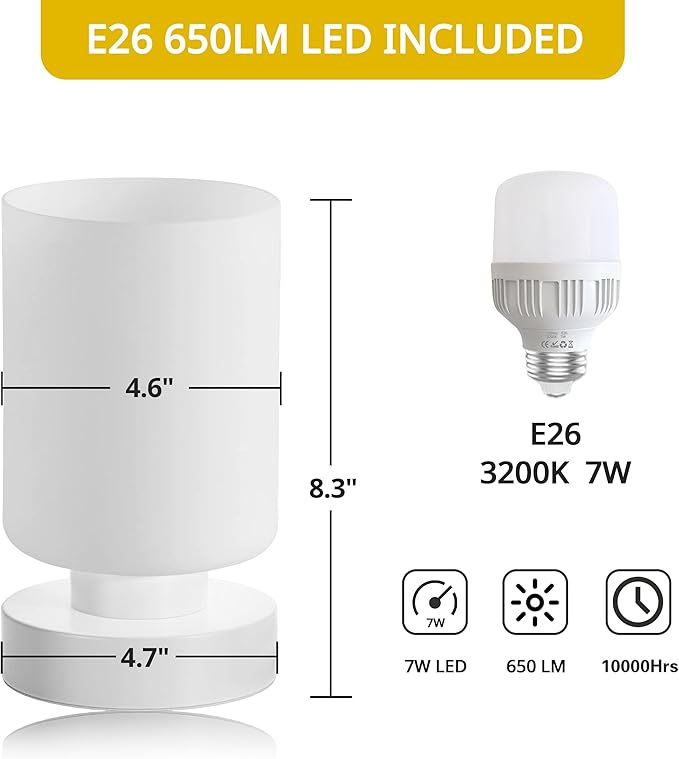 Touch Bedside Lamp, Mini Stepless Dimmable Table Lamps for Bedroom for Night Stands, Small Desk Lamp with Brightness Memory, USB Charging Ports, Warm LED Bulb, White, Cylindrical Shape, 1 Set