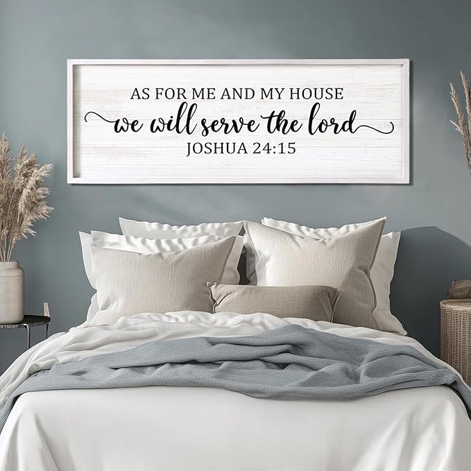 As For Me And My House We Will Serve The Lord Framed Wall Art, 40''×15'' Positive Religious Rustic Bible Verse for Christian God Jesus Christ Prayer, Vintage Horizontal Holy Catholic Scripture Decor
