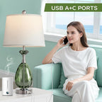Coastal Glass Table Lamps Set of 2, 3-Way Dimmable Touch Control Nautical Lamp with USB A+C Ports,Bedside Lamp Beach Decor,Nightstand Lamp with White Shade for Living Room Bedroom(LED Bulbs Included)