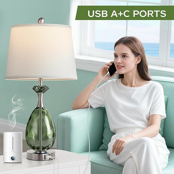 Coastal Glass Table Lamps Set of 2, 3-Way Dimmable Touch Control Nautical Lamp with USB A+C Ports,Bedside Lamp Beach Decor,Nightstand Lamp with White Shade for Living Room Bedroom(LED Bulbs Included)