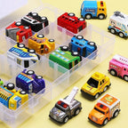 18 Pack Assorted Pull Back Car Toys for Kid with Storage Organizer Box, Mini Model Vehicle Set with Display Case for Child Toddler, Small Play Truck Bulk for Boy and Girl Party Favors, Birthday Gift