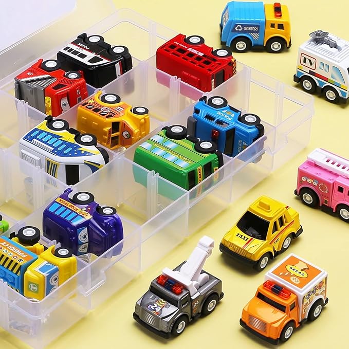 18 Pack Assorted Pull Back Car Toys for Kid with Storage Organizer Box, Mini Model Vehicle Set with Display Case for Child Toddler, Small Play Truck Bulk for Boy and Girl Party Favors, Birthday Gift