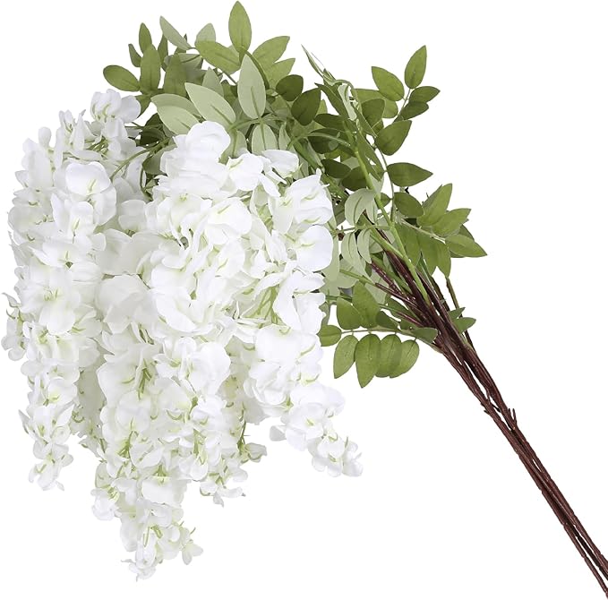 4PCS White Artificial Wisteria Hanging Flowers 40'' Tall Lush Fake Wisteria Flowers for Floor Vases Silk Flowers for Wedding Arch Ceremony Window Box Home Garden Backdrop Decoration (White)