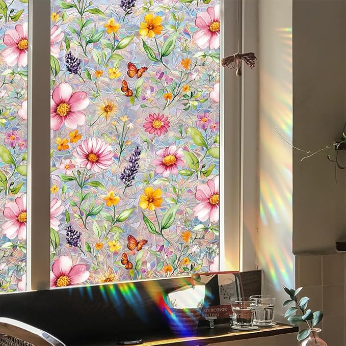Window Film, Stain Daisy Glass Film Rainbow Flowers Static Window Clings Stickers for Home Office Living Room Bedroom Glass Windows Door Decor