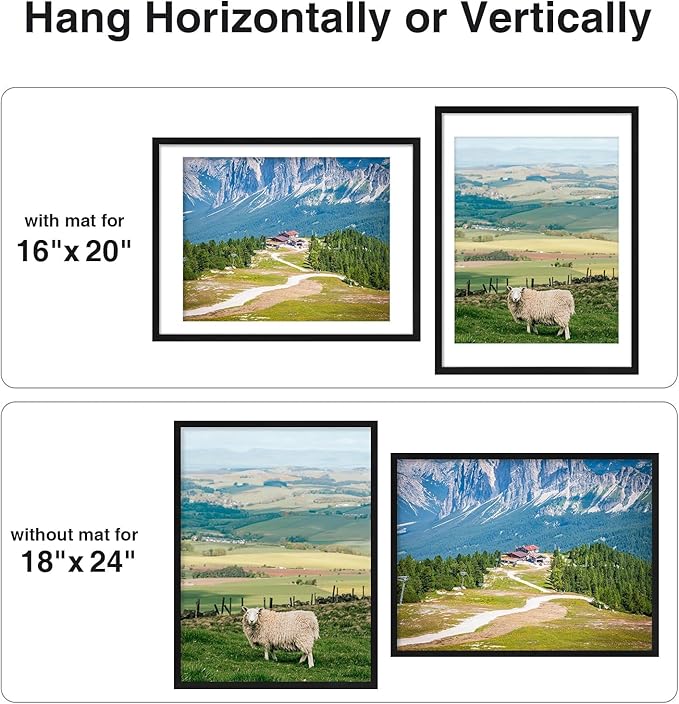 Vittanly 18x24 Picture Frames Set of 9, Shatter Resistant Plexiglass, Display 16x20 Pictures with Mat or 18x24 without Mat, Photo Frames for Wall or Tabletop, PVC Frame, Black