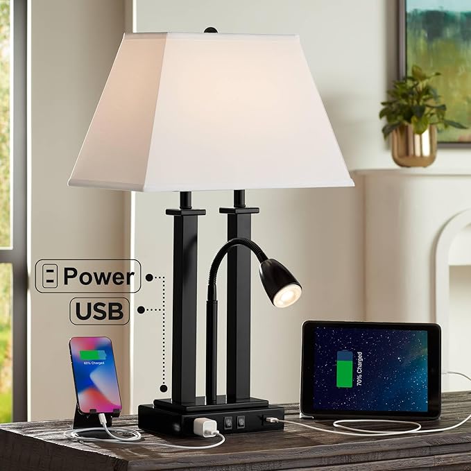 Possini Euro Design Deacon Modern Gooseneck Desk Lamp with USB Charging Port and Outlet 26" High LED Black Metal Oatmeal Linen Fabric Shade for Living Room Bedroom House Bedside Nightstand Office