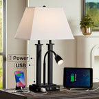 Possini Euro Design Deacon Modern Gooseneck Desk Lamp with USB Charging Port and Outlet 26" High LED Black Metal Oatmeal Linen Fabric Shade for Living Room Bedroom House Bedside Nightstand Office