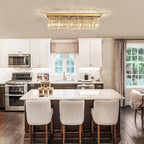 Siljoy Modern Crystal Chandelier 6-Lights Rectangle Flush Mount Pendant Ceiling Light Fixture Luxury Gold Rectangular K9 Crystal Raindrop Chandelier for Dining Living Room Kitchen Island Bar L31.5''