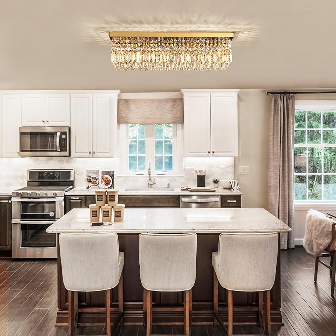 Siljoy Modern Crystal Chandelier 6-Lights Rectangle Flush Mount Pendant Ceiling Light Fixture Luxury Gold Rectangular K9 Crystal Raindrop Chandelier for Dining Living Room Kitchen Island Bar L31.5''