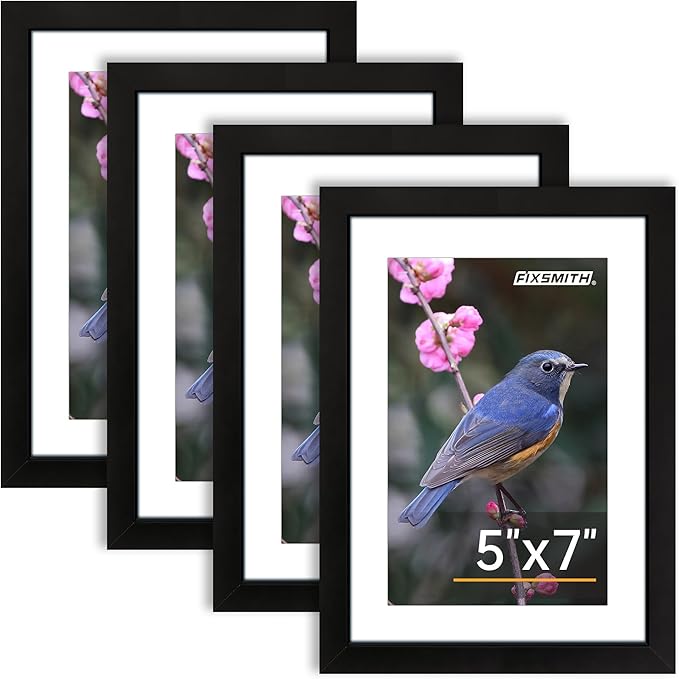 FIXSMITH 5x7 Picture Frame Set of 4, Photo Frame with HD Plexiglass, Display Pictures 4x6 with Mat or 5x7 Without Mat Multi Picture Frames Collage for Tabletop or Wall Display, Black