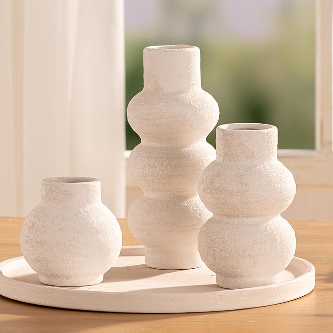Ceramic Vase Home Table Decor - White Flower Vase Set of 3 Living Room Kitchen Decorations Farmhouse Modern Rustic Vases Decorative Centerpiece for Shelf Bedroom Office Bathroom Dining Coffee Desk