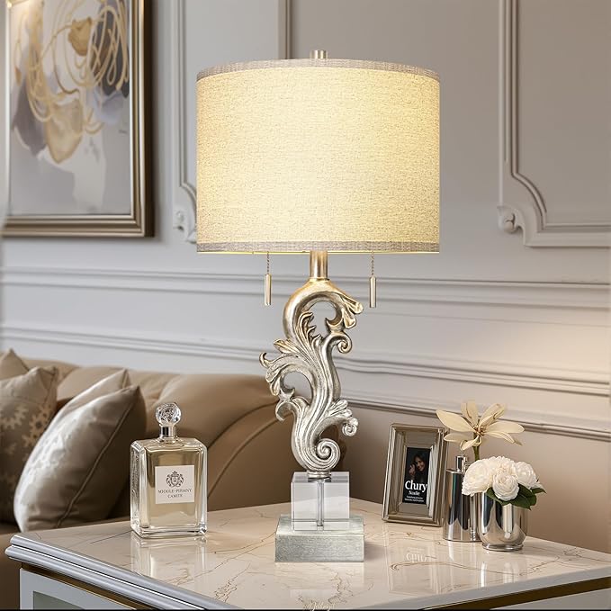 Scenekoy Vintage Table Lamp Set of 2 for Bedroom Living Room, 26.75” Silver Leaf Sculptural Night Stand Bedside Lamps with USB Ports, Rustic Nightstand Lamp Line Shade for Home Decor (Bulbs Included)