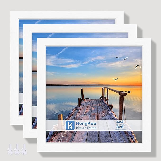 8x8 Picture Frames with Real Glass, White Wooden Square Photo frame Set of 3, Displays 4x4 Picture With Mat or 8x8 Without Mat, Desktop & Wall Collage Frame set