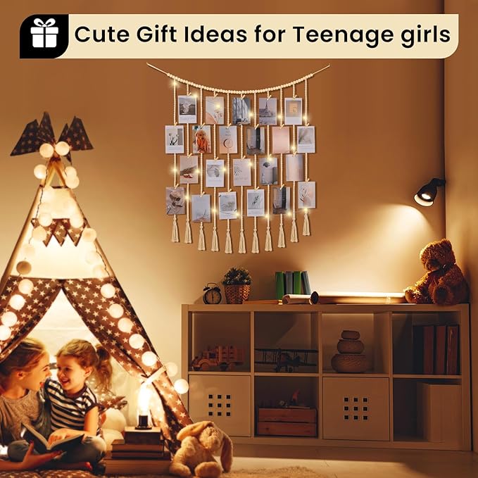 Macrame Hanging Photo Display Boho Wall Decor with String Lights Wooden Beads Garland Picture Frame Collage Holder with 45 Clips for Room, Bedroom, Dorm, Christmas Teenage Teen Girl Gifts (Beige, Large)