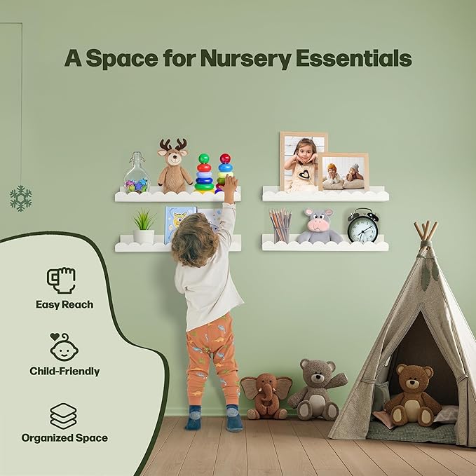 Scalloped Shelves - Set of 4 Pre-Assembled 24inch White Floating Nursery Book Shelves, Scalloped Book Shelf - Kids Wall Bookshelf, Nursery Decor, Floating Shelves for Wall