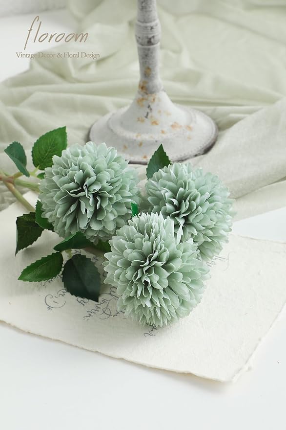 Floroom 12pcs Sage Green Faux Silk Mums Artificial Flowers Bulk Fake Chrysanthemums with Stems for DIY Wedding Table Centerpieces Floral Arrangements Vase Fillers Home Decorations