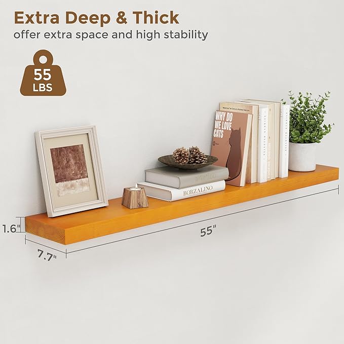 Marsmiles Floating Shelves for Wall - 55 Inch Rustic Wood Floating Shelves Set of 1-55 Inch Wide x 7.7 Inch Deep x 1.6 Inch Thick Wooden Shelves for Room Wall