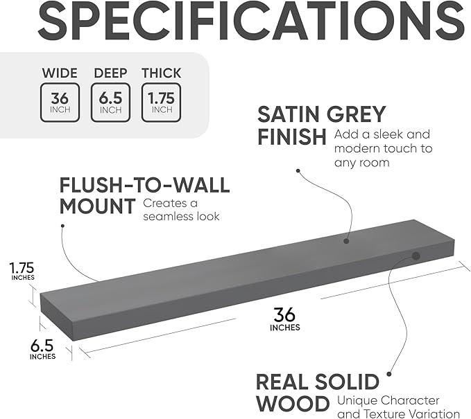 Homeforia 36 inch Gray Floating Shelves, High End Solid Real Wood 36inch Floating Shelf for Wall Mounted, Grey Wooden 36 inches Long Floating Shelves, Heavy Duty Bracket, 36 X 6.5 X 1.75 in, Set of 2