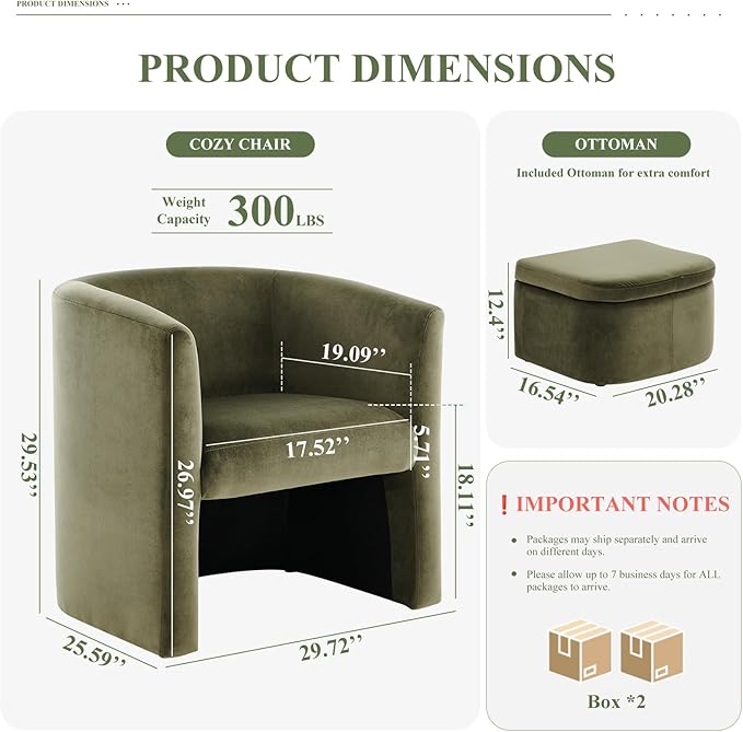 Mid-Century Velvet Living Room Chair Set of 2 with Storage Ottoman, Space-Saving Accent Chairs for Bedroom/Reading Spaces/Office, Green