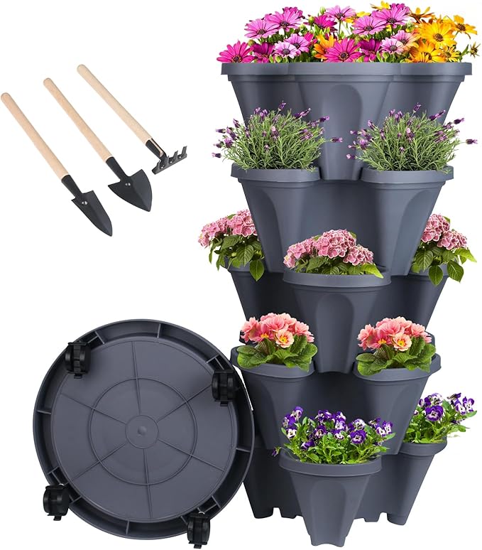 Vertical Planter 5 Tier Stackable Planters Garden Planters Strawberry Herb Flower and Vegetable Planter Indoor Outdoor Gardening Pots with Removable Wheels and Tools