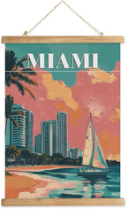 WREVERW Vintage Miami Poster Canvas Print with Wooden Hanger Frame, Featuring Palm Trees, High-Rise Buildings, and Sailboats, Wall Art for Home and Office Decor, 16x23 inches