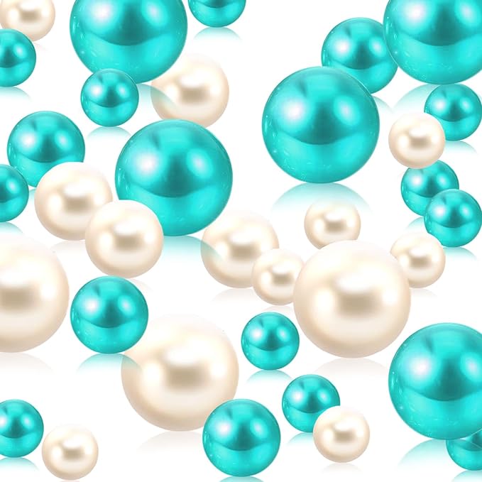 200 PCS Teal White Vase Fillers, Pearls Bead for Centerpieces Vases, 10/14/20 MM No Hole Beads, Fake Pearls for Wedding Birthday Anniversary Theme Party Table Centerpieces Decor