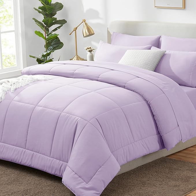 CozyLux King Size Comforter Set Lavender, 7 Pieces Bed in a Bag, Light Purple Comforter King Size, All Season Bedding Sets with Stitch Quilted Comforter, Flat Sheet, Fitted Sheet, Pillowcases