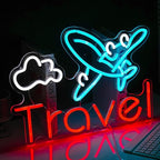 Travel Neon Sign USB Airplane LED Light Up Sign for Wall Decor Dimmable 12.2 * 16.5 In Go To Tranel Neon Light for Airport Travel Agency Bedroom(Ice Blue Red White)