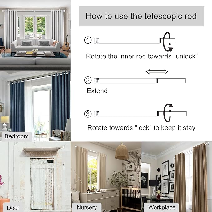 Curtain Rods for Windows 16 to 120 Inches Adjustable Length 1 Inch Diameter Window Curtain Rod with Aluminium End Cap, White