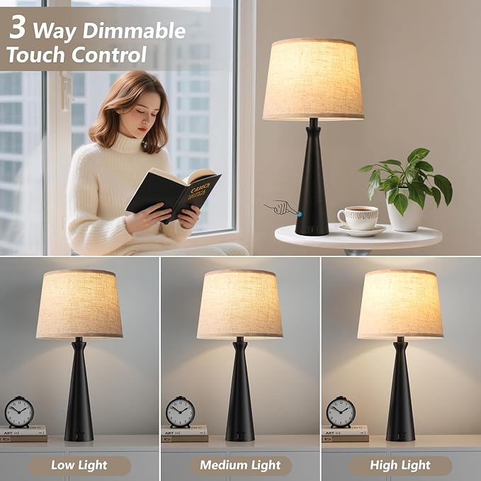 Seealle Modern Table Lamps Set of 2 - Touch Bedside Lamp for Nightstand with USB C+A,3-Way Dimmable Black Nightstand Lamps for Living Room Bedroom End Table with Beige Shade(Bulb Included)