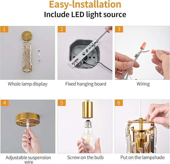 LMQNINE Pendant Lighting Modern Pendant Light, Mini Crystal Chandeliers,Adjustable Pendant Light Fixture for Kitchen Island Dinning Room Bedroom (Gold, 1-Light)