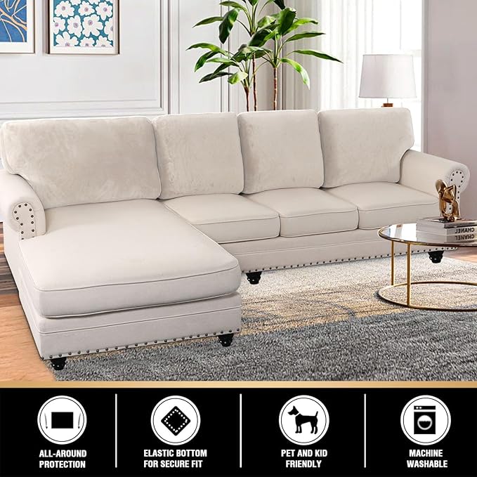 PrinceDeco Sectional Couch Covers Velvet Cushion Covers for Sectional Couch Washable Cushion Covers for Sectional Sofa Pet Friendly Sectional Sofa Slipcovers(1 Chaise Back+ 3 Sofa Back,Ivory)