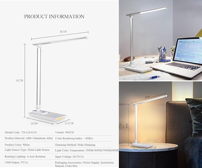 TECHNOVA LED Desk Lamp with 5 Color Temperatures | Sliding Stepless Dimming & One-Touch Timer | Foldable & Portable Design for Office/Study/Nail Art | USB Charging & Four-Axis Rotation for Small Desks