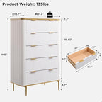 T4TREAM Fluted 5 Drawers Dresser for Bedroom, 48" Tall Modern Dresser Chest of Drawers, Gold Accents, Fluted Fronts, Wood Storage Dressers Organizer for Bedroom, Living Room, Off White