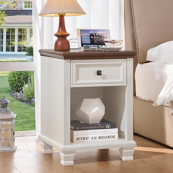 Farmhouse Side Table with Charging Station, Rustic Wood End Table with Drawer, Small Nightstand with Open Shelf for Bedroom, End Tables for Living Room, White