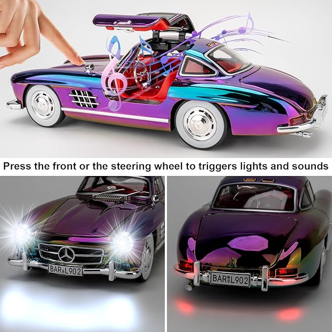 1/24 300SL Diecast Car Model Toy, Collectible 300SL Vintage Car with Sound and Light, Zinc Alloy Pull Back Toy Vehicle for Adult Boys Girls (Purple)