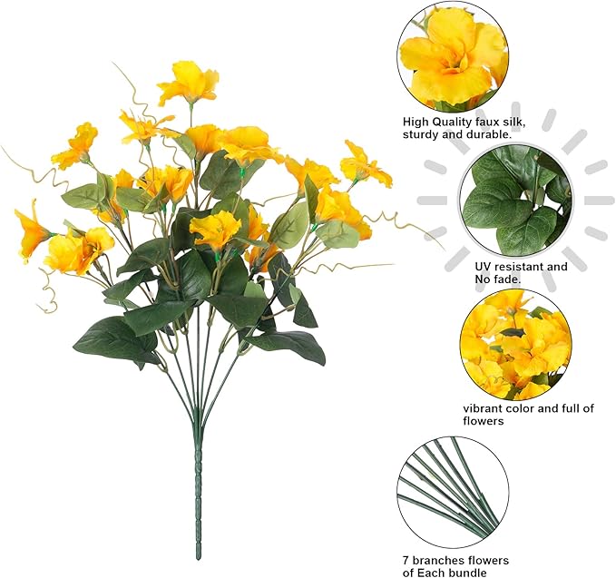 Fall Flowers Fake Flowers for Outdoors Autumn Decoration, 6 Bundles Faux Silk Hibiscus Artificial Plants Realistic UV Resistant Tropical Flowers for Outside Planter Patio, Yellow