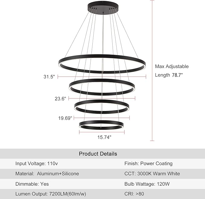 Large Modern Chandelier, 15.7"-31.4" Ring Chandelier LED Black Chandelier, 3000K High Ceiling Chandelier with 4 Ring, Large Chandeliers for High Ceiling Foyer Office