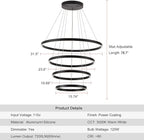 Large Modern Chandelier, 15.7"-31.4" Ring Chandelier LED Black Chandelier, 3000K High Ceiling Chandelier with 4 Ring, Large Chandeliers for High Ceiling Foyer Office