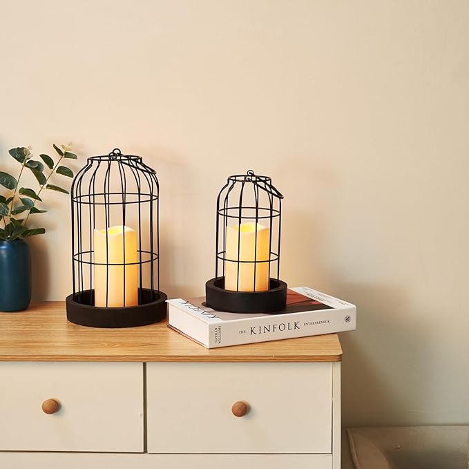 PHOSPHOR Home Decor Candle Lanterns, Set of 2 Rustic Cage Candle Holder, Tian Yuan Nong she，for Living Room, Fireplace Mantle, Dining Table Centerpieces Home Kitchen Decor