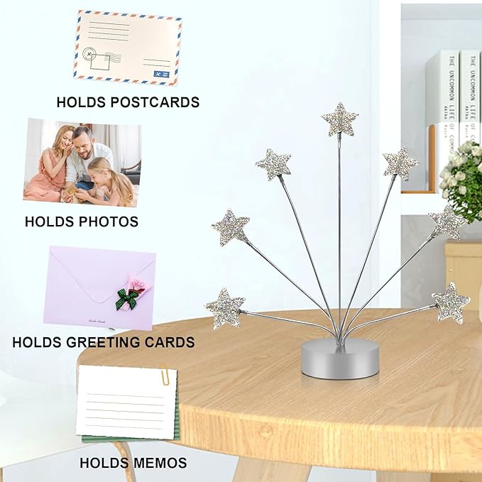 7-Branch Family Desktop Photo Tree Holder Clip Round Base, Card Picture and Memo Desk Frame Display Stand for Wedding Party Christmas Photo Clip Holder Table Numbers (Stars)