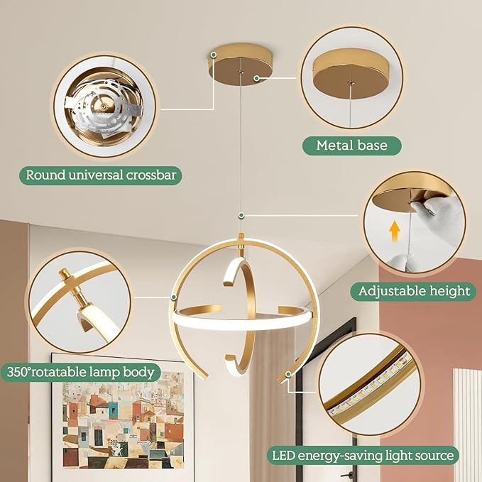 Modern Gold LED Chandelier, Dimmable Metal Brushed Globe Pendant Lights, Hanging Ceiling Light Fixture for Kitchen Island Living Room Room Dining Bedroom Hallway Entryway Foyer 13 Inchs