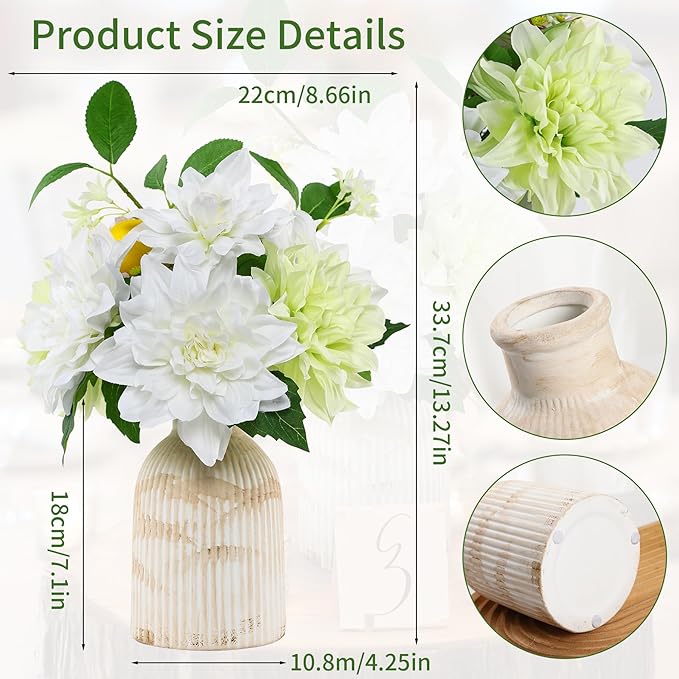 Fake Flower with Vase,White Silk Dahlia Artificial Flowers in Vintage Ceramics Vase for Home Bathroom Office Desk Party Centerpiece Coffee Table Decor