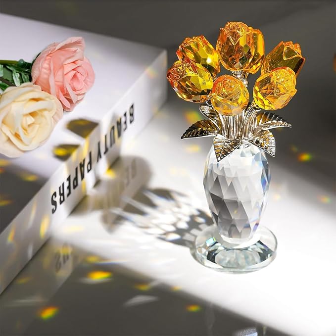 Glass Rose Flowers, Crystal Glass Figurines Rose Decorations for Home Gifts for Mom Wife Grandma, Crystal Flowers Collectible Ornament Mother's Day Thanksgiving Anniversary Birthday Gifts(Yellow Rose)