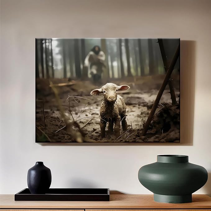 Framed Jesus Christ Wall Art Canvas Jesus and Lamb of God Christian Painting Prints Biblical Wall Decor Religious Room Decor for Church Prayer Room Christian Schools Hospitals 12" x 16"