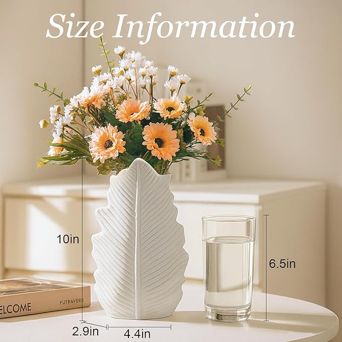 White Matte Ceramic Leaf-Shaped Vase – BEAHOT Modern Minimalist Decorative Flower Vase with Embossed Leaf Texture for Table Centerpiece, Home & Office Decor