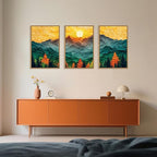 Celestdeco Abstract Mountain Framed Canvas Wall Art Set, Forest Pine Tree Golden Sunset Wall Decor, Mixed Patchwork Landscape Art Print for Living Room, Bedroom, Dining Room, Office - 24"x36"x3
